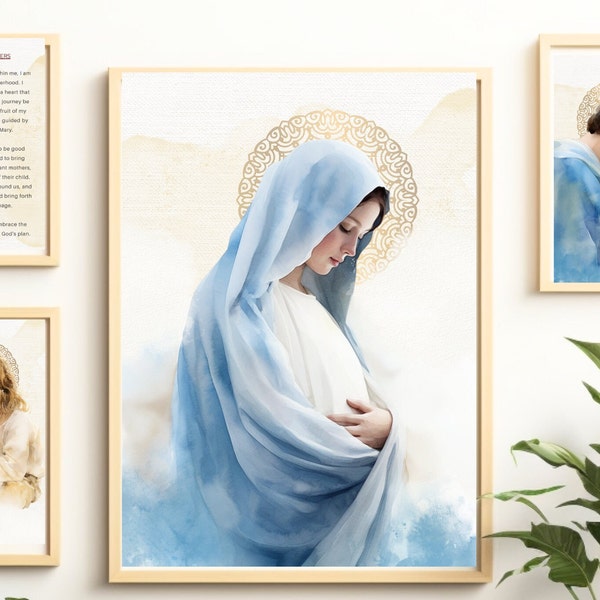 Pregnant Mother Mary, St Joseph bundle, 5 Digital Watercolor art in Different Ratios - Perfect for Home Decor and Catholic Gift