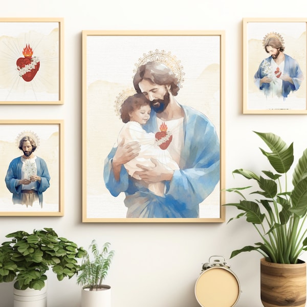 Chaste Heart of St Joseph Printable Bundle, Catholic Illustration Art, Devotional Wall Art, Prayer, Heart of St Joseph,Catholic gift