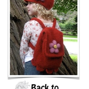 May include: Red knitted backpack and matching hat, both adorned with a pink and yellow flower. The backpack has scalloped edges and adjustable straps. The image includes the text "Back to School".