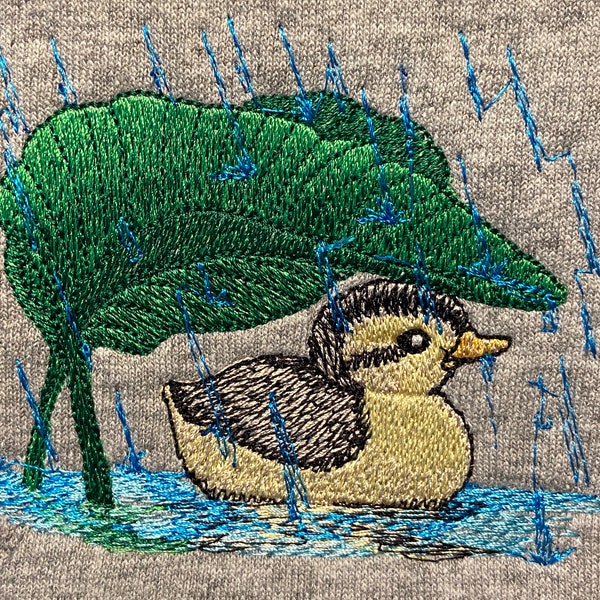 Adorable Embroidered Duckling Sweatshirt: Rainy Day Delight! Cute and Cozy Spring Nature inspired Sweater, Playful Whimsical Comfortable top