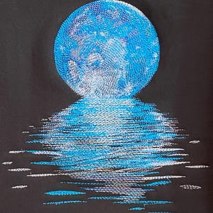May include: A blue moon reflected in a body of water. The moon is a bright blue with white highlights. The water is a darker blue with white highlights. The background is black.