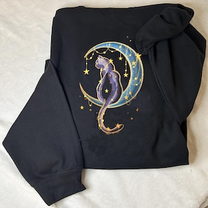 Celestial Cat Zip Up Embroidered Hoodie with Moon, Stars and Planets Sweater, Night Sky Top for Her, Unique Gift For Astrology and Space Fan