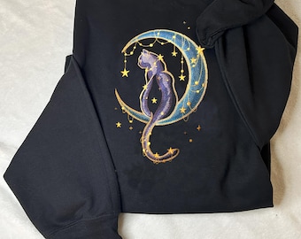 Celestial Cat Zip Up Embroidered Hoodie with Moon, Stars and Planets Sweater, Night Sky Top for Her, Unique Gift For Astrology and Space Fan
