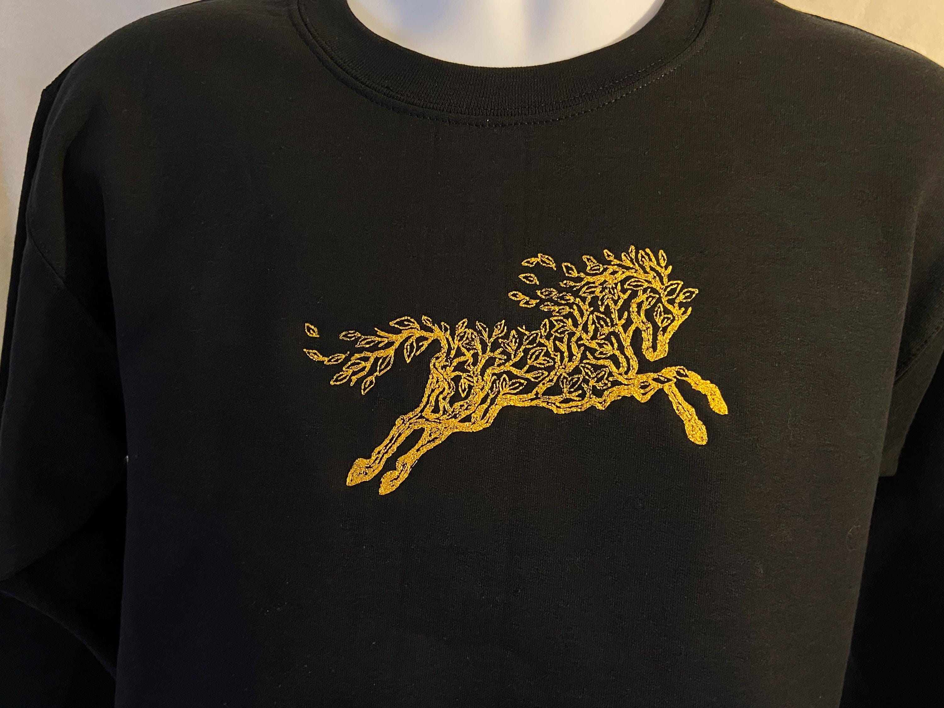 Embroidered Horse Sweatshirt with Elegant Gold Thread Tree Branch Horse Design, Equestrian Enthusiast Lover Sweater, Gift For Equine Trainer