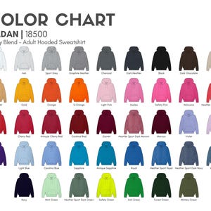 May include: A colour chart of Gildan 18500 Heavy Blend adult hooded sweatshirts. The chart displays a variety of colours, including white, black, red, blue, green, and more. Each sweatshirt is shown as a line drawing.