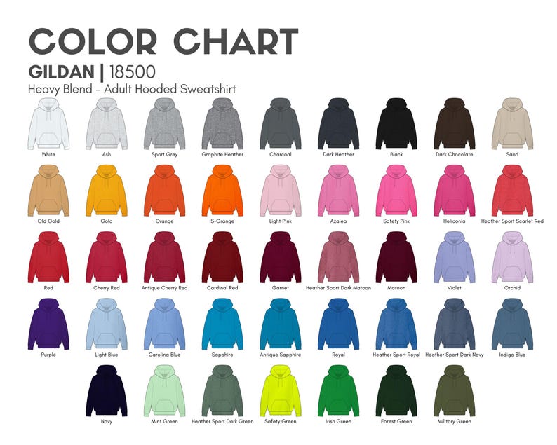 May include: A colour chart of Gildan 18500 Heavy Blend adult hooded sweatshirts. The chart displays a variety of colours, including white, black, red, blue, green, and more. Each sweatshirt is shown as a line drawing.