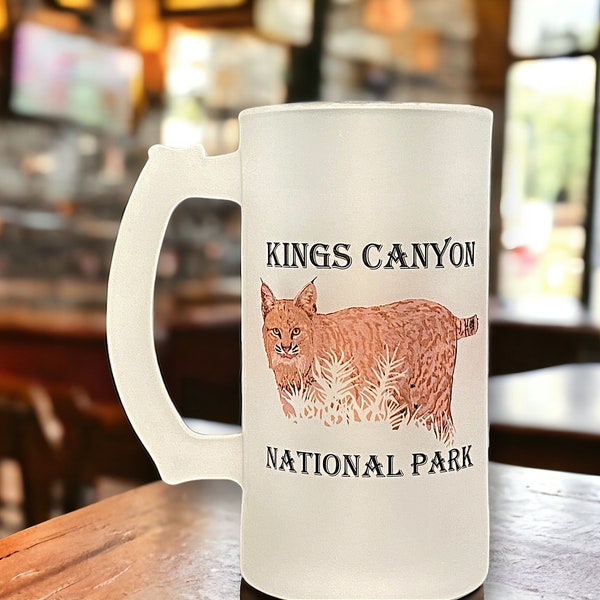 Handcrafted Frosted Beer Mug with Bobcat - Kings Canyon National Park Souvenir Beer Stein Gift for Hikers, Campers and Outdoor Lovers