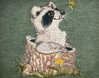Embroidered Raccoon Sweatshirt, Unique, Stylish and Cozy, Gift for Him/Her, Outdoor Inspired, Nature Lover, Rustic Sweater