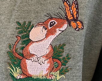 Embroidered Mouse and Butterfly Sweatshirt, Woodland Animal Crewneck, Cottagecore Sweater, Nature Lover Gift, Whimsical Animal Pullover