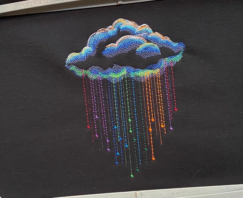 Embroidered Storm Rain Cloud with Rainbow Colors Pullover Hoodie Sweatshirt, Thunder Cloud Hooded Sweater image 1