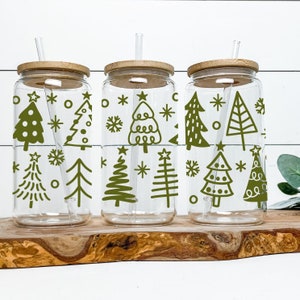 Can Glass with Bamboo Lid Clear, Christmas Trees, 16 oz.