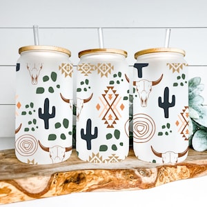 Western Boho Frosted Glass Can – Desert Iced Coffee Cup with Bamboo Lid & Straw