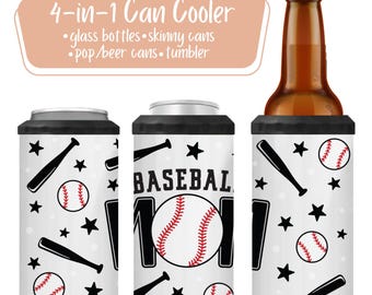 4-in-1 Baseball Mom Can Cooler – Insulated Drink Holder for Beer Bottles, Slim Cans, Standard Cans & Tumblers – Sports Mom Gift
