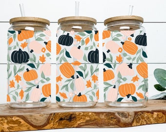 Can Glass with Bamboo Lid Clear, Pumpkins, 20 oz.
