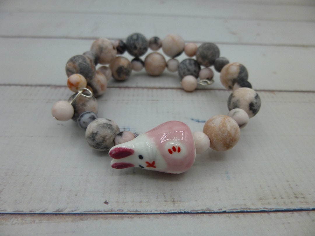 Pink Zebra Stone Bracelet Bunny Memory Wire Bracelet Etsy