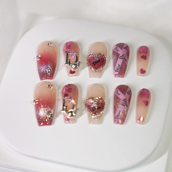 Pink Press On Nails, Luxury Glue On Nails, Salon Quality Fake Nails, Glitter Rhinestone Nails, Stunning Crystal Nails