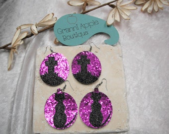 Earrings Halloween Glitter Faux Leather hypoallergenic Purple Cross Spooky Black Cat