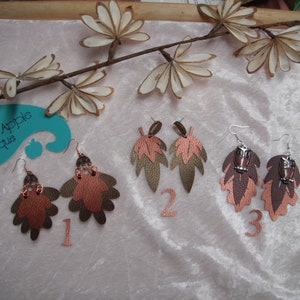 Faux Leather Earrings Gold Copper Plum Leaf Layered Nature Beads Wooden Studs or Owls
