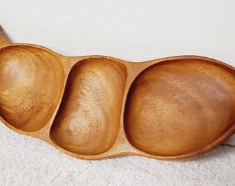 15" MONKEYPOD Wood Carved PEAPOD Divided Tray Bowl Serving Dish 3 Section Philippines Jewelry Holder