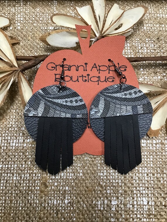 Handmade Vegan Leather Earrings Paisley Black Grey Layered Fringe  