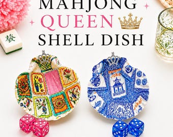 Mahjong Dice Dish | Mahjong Queen Shell Dish | Decoupage Scallop Shell | Mahjong Gift for Her | Dice Holder