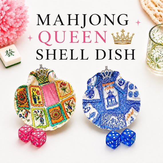 Mahjong Dice Dish | Mahjong Queen Shell Dish | Decoupage Scallop Shell | Mahjong Gift for Her | Dice Holder