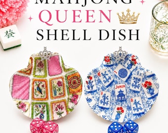 Mahjong Dice Dish | Decoupage Scallop Shell | Mahjong Gift for Her | Rhinestone Crown