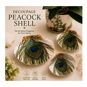Decoupaged Peacock Feather Shell Ring Dish: Iridescent Jewelry Holder