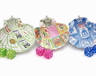 Decoupaged Scallop Shell Dice Holder | Mahjong Queen Table Decor, Hostess Gifts
