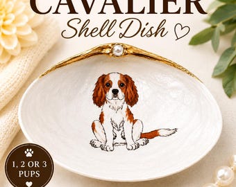 Handcrafted Cavalier King Charles Spaniel Shell Dish, Gold Leaf Edging, Pearl Accent, Cavalier Gift