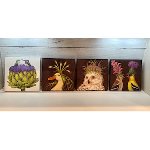 Bird Lover Gift - Wooden 6x6&quot; Art with Whimsical Birds, Kitchen Art, Kitchen Decor, Unique Gift. 4 Different Designs. Owl, Duck, Finch