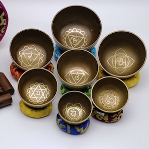 Chakra Symbol Natural Color Set of 7 Singing Bowl From Nepal-Meditation bowl-Tibetan Singing Bowls-Bodhi Bowl- Chakra Bowl