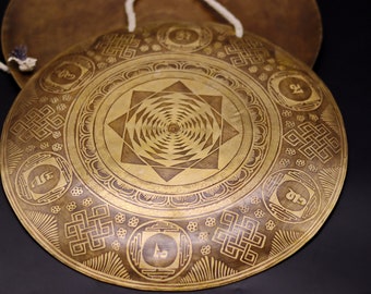 SALE 13 inches Special Carving Flat Gong From Nepal-Extra Large Meditation Gong-Deep Resonating Gong for Bath Session