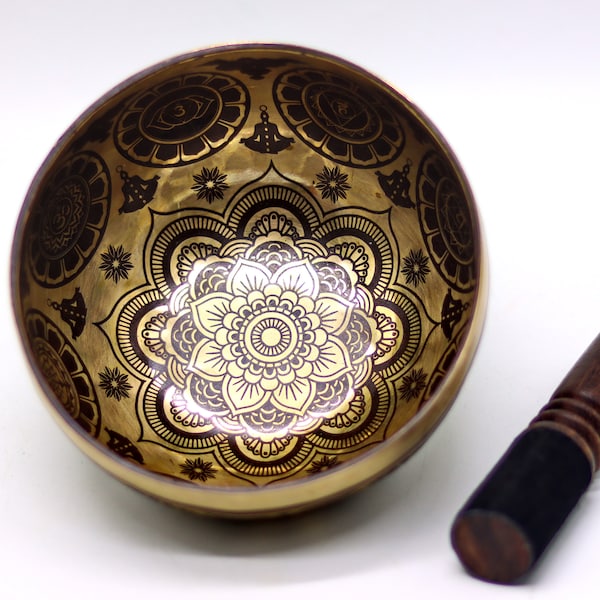 Cuenco de canto tallado con flor súper fina de 6 pulgadas-Cuenco de canto del Himalaya curativo-Bodhi Bowl