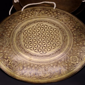 SALE 13 inches Special Flower of Life Carving Flat Gong From Nepal-Extra Large Meditation Gong-Deep Resonating Gong for Bath Session
