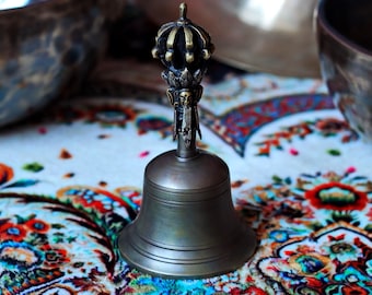 Handmade Tibetan Bell with Vajra: Buddhist Ritual Bell, Space Cleansing