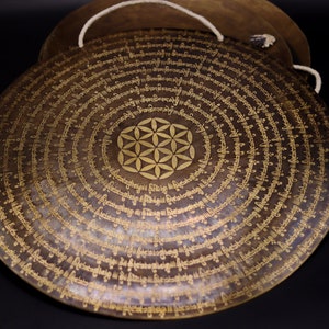 SALE 13 inches Flower of Life With Full Mantra Carving Flat Gong From Nepal-Extra Large Meditation Gong-Deep Resonating Gong Bath Session