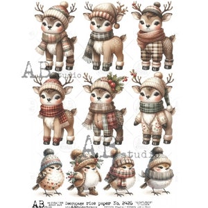A4 ABDF 2426 Noël bébé cerf et oiseaux x 10, papier de riz à découper