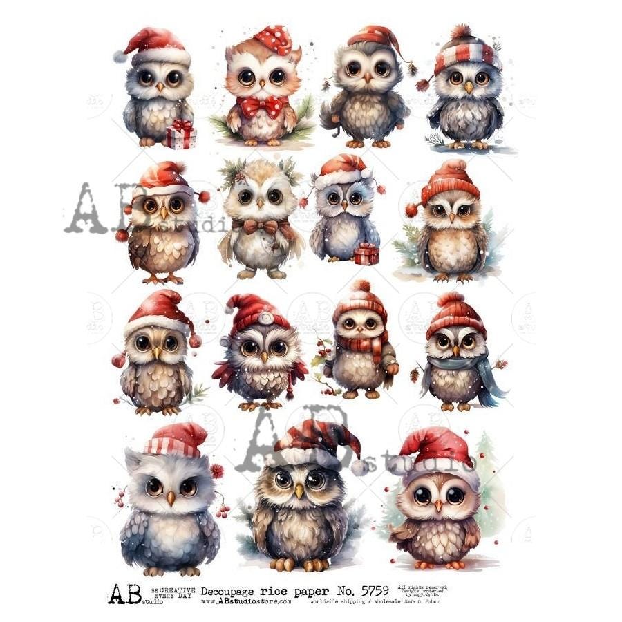 A4 ABDF 5759 Christmas Owls Multiple Decoupage Rice Paper