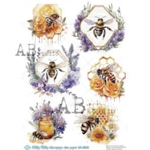 May include: A sheet of decorative transfers with watercolour illustrations of bees, honeycombs, and flowers. The designs include bees near orange and yellow roses, lavender, and a honey jar. The text "AB studio" is visible.