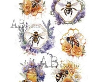 ABDF 0233 Bumble Bees and Flowers x 6 Decoupage Rice Paper