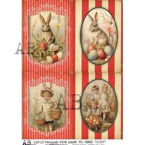 A4 ABDF 6363 Lapins de Pâques et enfants x 4 Papier de riz à découper