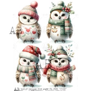 4 bébés hiboux de Noël A4 AB DF 2428, papier de riz décoauge