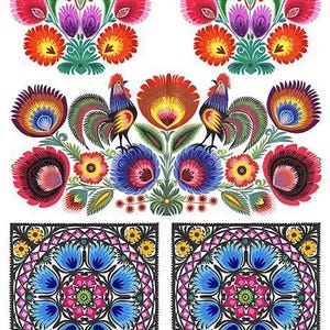 Puede incluir: Un diseño de arte popular vibrante y colorido con motivos florales y de gallos. El diseño incluye flores rojas, naranjas, azules y amarillas, con dos gallos y patrones geométricos. El texto "ITD S287" es visible en la parte inferior.