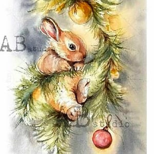 Papier de riz pour découpage A4 AB DF 5799 Lapin de Noël sur branche d'arbre de Noël