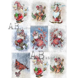 May include: A collage of watercolor illustrations featuring whimsical gnomes in festive attire. Gnomes are depicted with red and white striped hats, holding flowers, playing instruments, and interacting with birds. The artwork has a vintage, textured appearance.