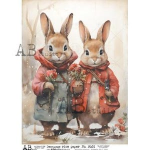 A4 ABDF 2651 Duo de lapins de Noël, papier de riz à découper