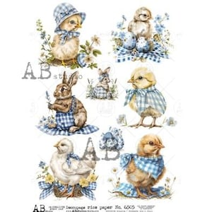 Papier de riz A4 ABDF 6505 Poussins et lapin en bleu à découper Vichy