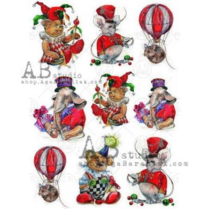 A4 ABDF 0237 Whimsical Circus Animals Multiple Decoupage Rice Paper