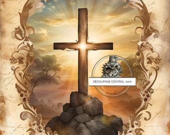 A4 DF 253 The Old Rugged Cross With Script Background Decoupage Rice Paper